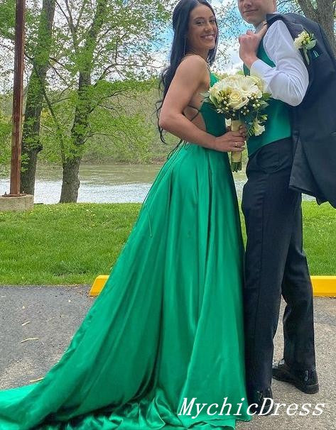 Long Simple Satin Silk Prom Dresses Green Evening Dress with Split