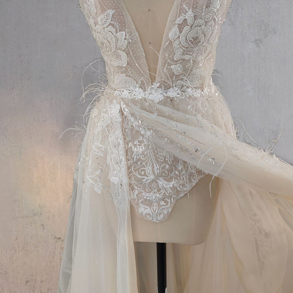 Spaghetti Straps Appliqued Lace Wedding Dress with Feathers