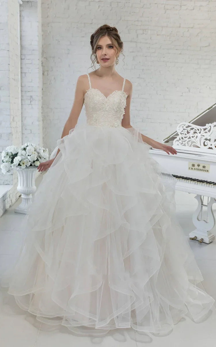 Tulle Ball Gown Ruffled Spaghetti-Straps Sleeveless Wedding Dress with Appliques