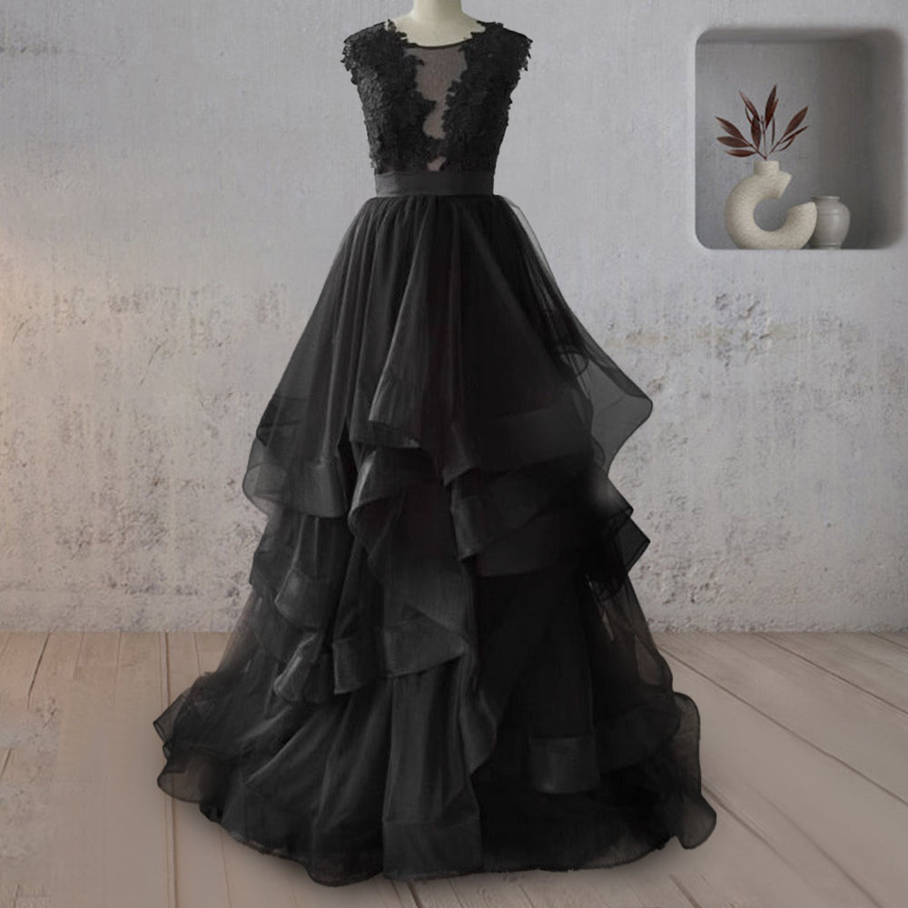 Vintage A-Line Black Tulle Wedding Dress with Ruffles