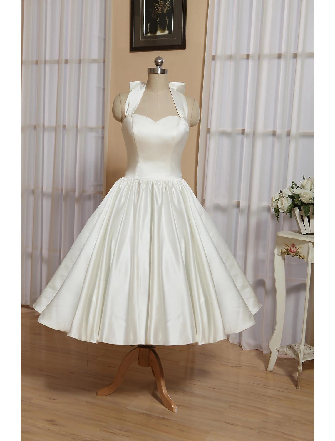 White A-Line Halter Sleeveless Tea Length Satin Bridal Gowns With Bow(s) Pleats