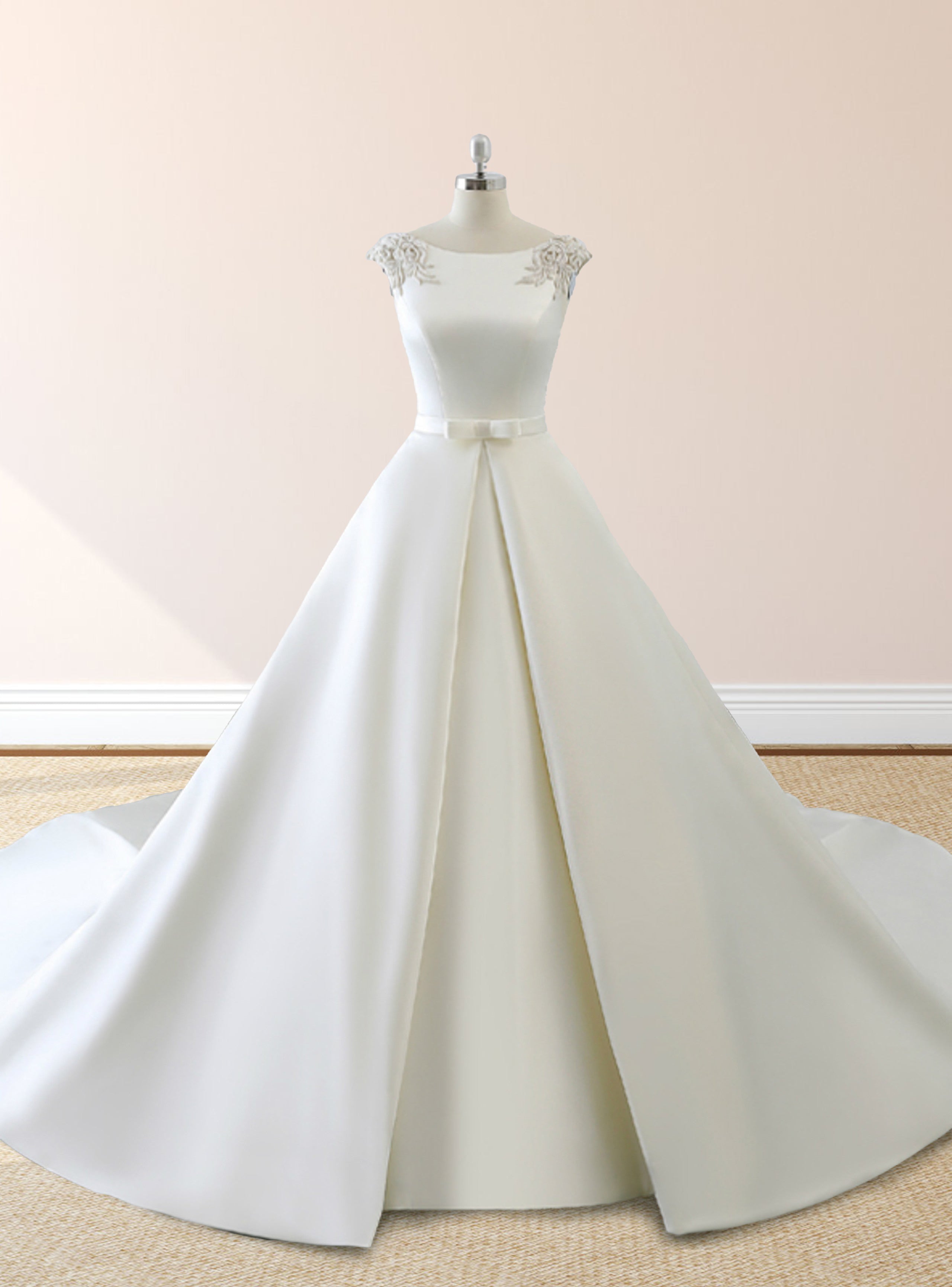 White Satin Cap Sleeve Lace-Up Wedding Dress With Pearls