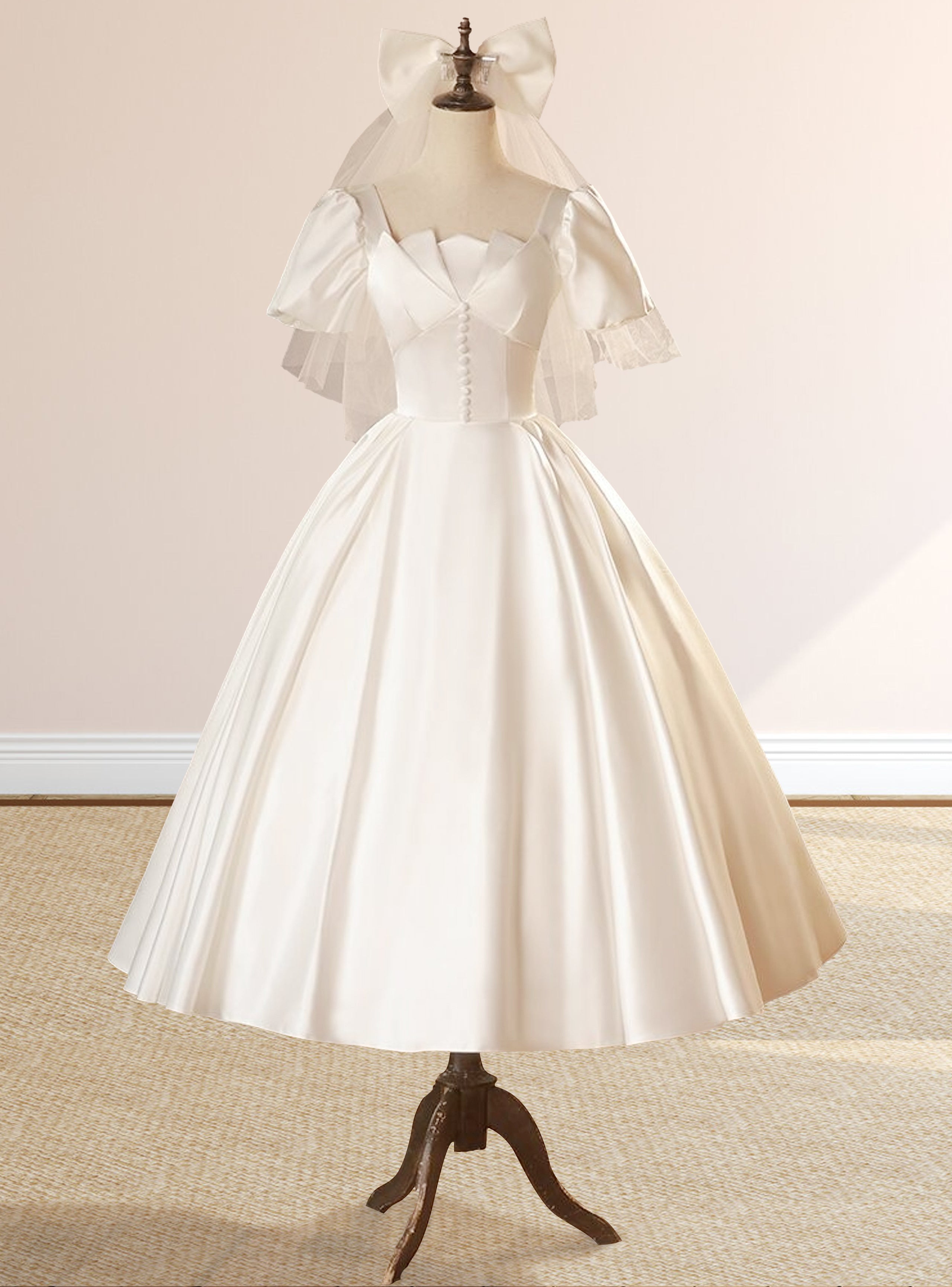 White Satin Square Neck Short Sleeve Lace Up Wedding Dress